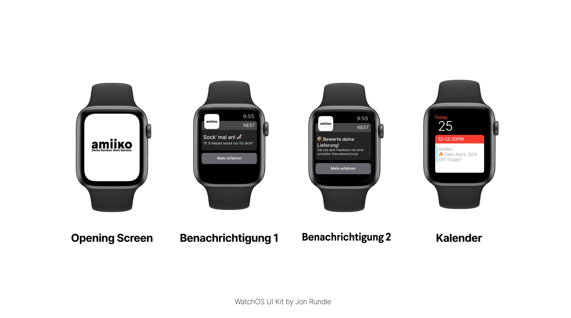 Apple-Watch-Screens von Amiiko mit Startbildschirm und Benachrichtigungen