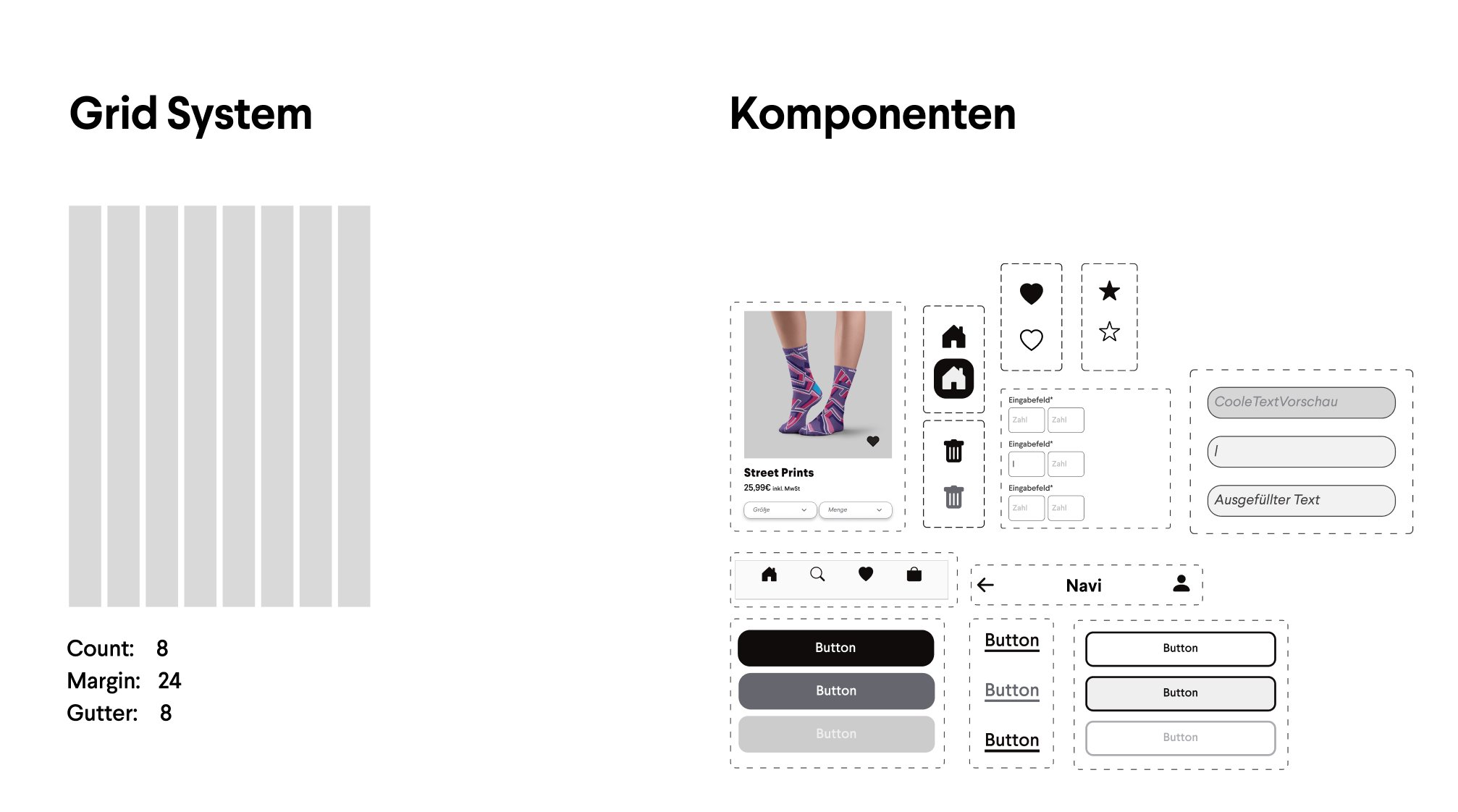 Amiiko-Designsystem mit Raster und Komponenten