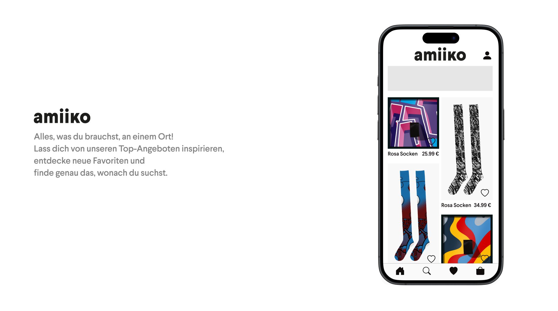 Startseite der Amiiko-Shop-App mit Sockenraster, Preisen und Tab-Leiste