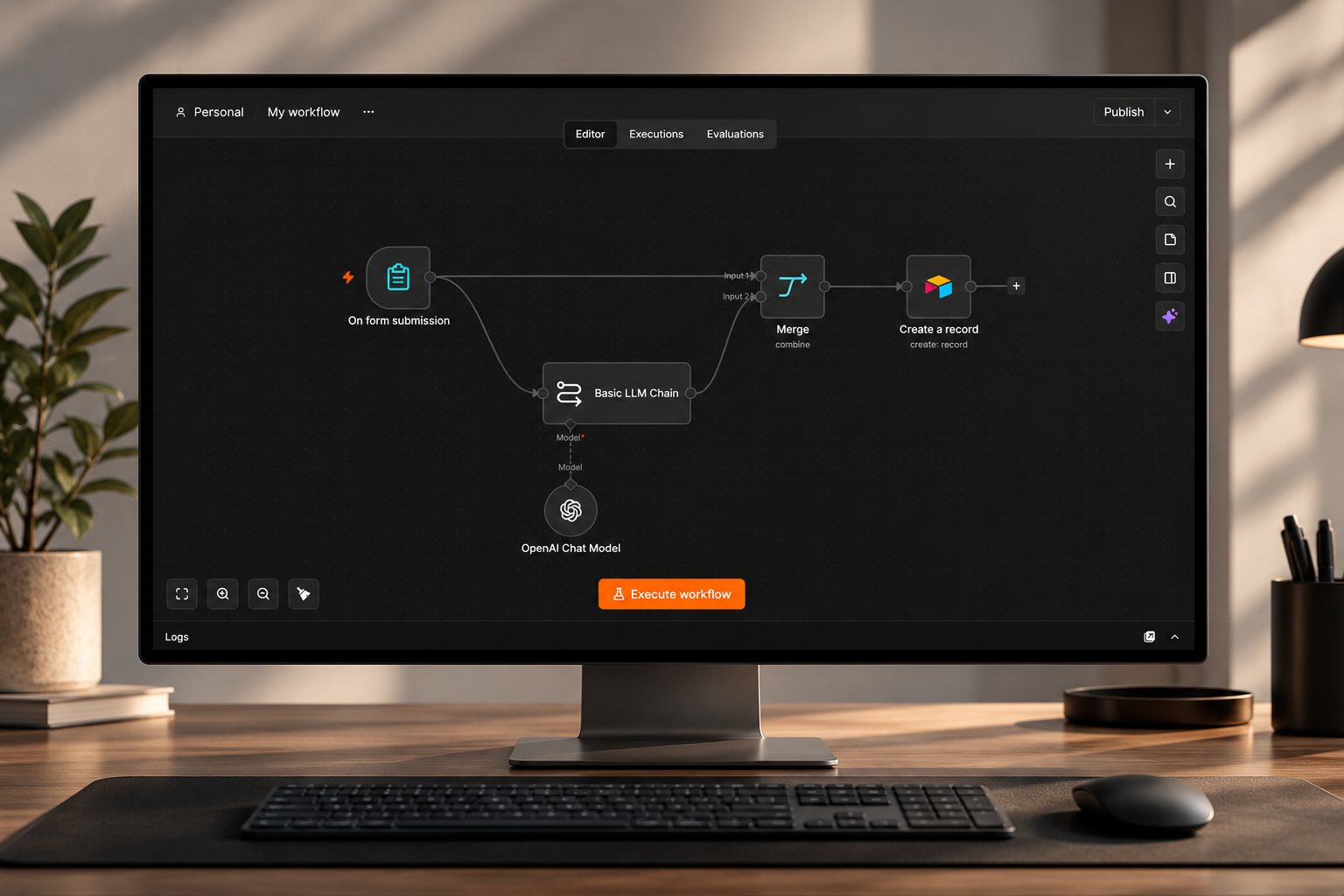 Ein n8n-Automatisierungsworkflow auf einem Monitor