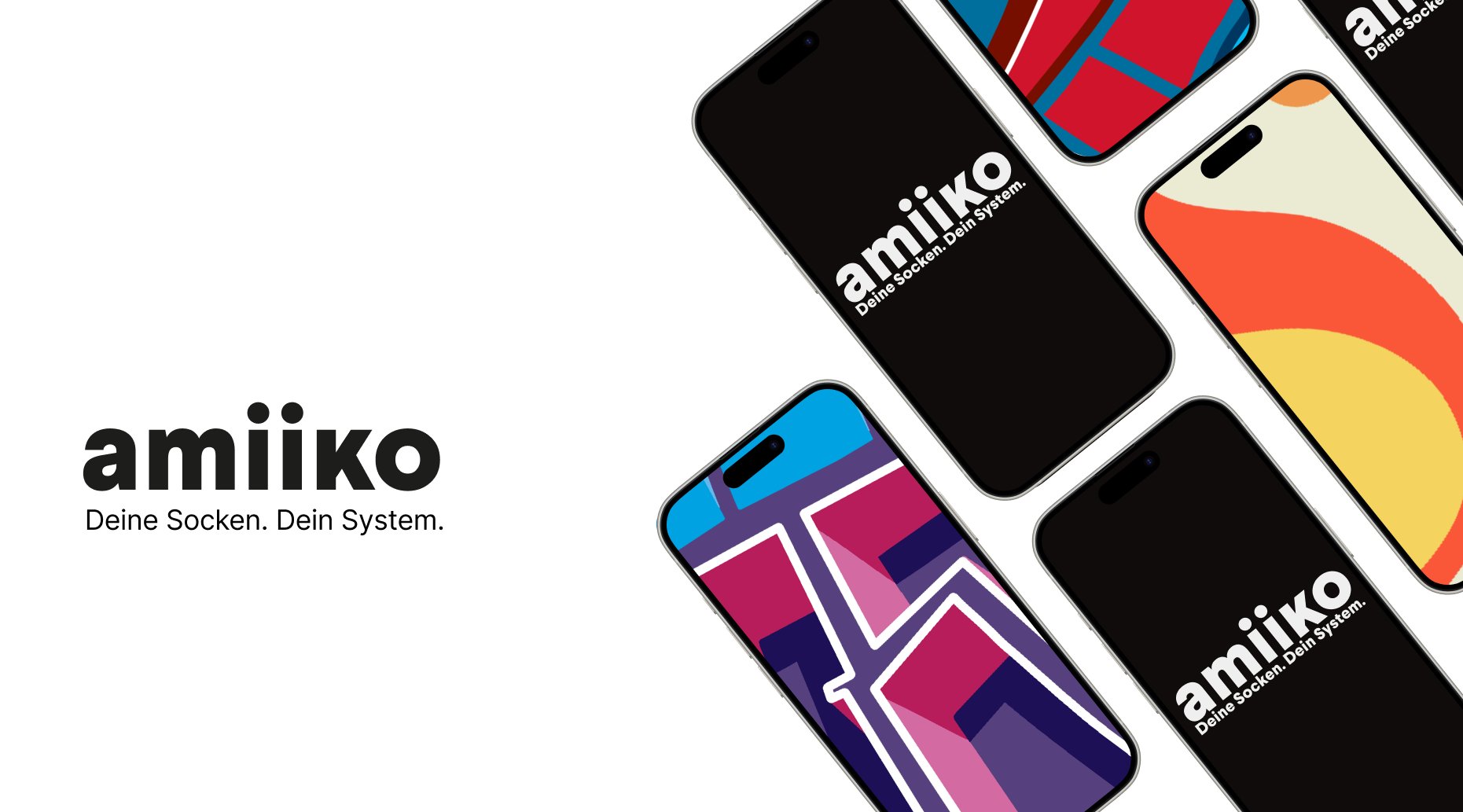 Key Visual von Amiiko mit Logo, Claim und Sockenmuster